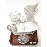 A Waterford Crystal 'boat' bowl, three vases and a bowl