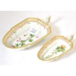 Two graduated Royal Copenhagen Flora Danica sauce dishes (one a.f.) Largest 21cm long, largest