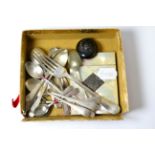 Mother-of-pearl card case, silver cutlery and brooch
