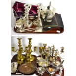 A quantity of silver plate including cased lobster picks, fish servers, telescopic candlesticks,