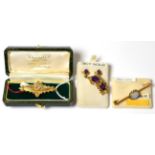 A pair of amethyst set drop earrings, an opal set bar brooch and another brooch (3)