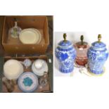 A quantity of creamware ceramics, pair of modern Chinese vases (fitted for electricity), glass table