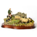 Border Fine Arts 'The Crossing' (Shepherd, Sheep and Collie), model No. B0013 by Ray Ayres,