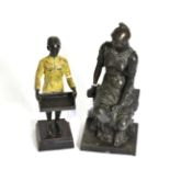 A cold painted bronze of a footman with a tray and a bronze of a seated Athena late 19th century (2)