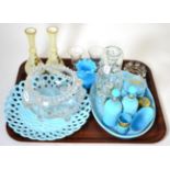 A turquoise glass dressing table set, a Continental portrait salt, a Sowerby plate, a folded foot