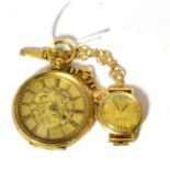 A ladies pocket watch stamped '18K' and a 9ct ladies Omega wristwatch