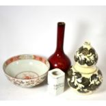 A group of Chinese porcelain including bottle vase, double gourd vase, brush pot and bowl