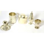 A group of silver including George III chamber stick, a small tea caddy, Victorian Christening