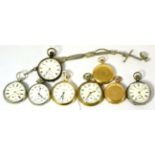 A silver Waltham pocket watch, two pocket watches signed Longines and Omega and five other pocket