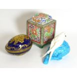 A Victorian dove wall pocket stamped Moore, Serves style egg and a Chinese lidded incense jar