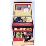 Jewellery case containing a cameo brooch, a silver brooch, white metal items, assorted costume