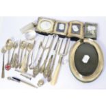 Assorted silver flatware, button hooks, spoons and frames etc