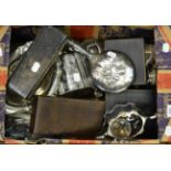 A silver mounted hand mirror, various plated items, pocket watches, flatware, coins and notes,