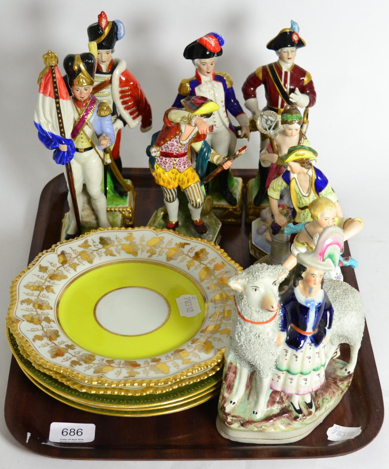 Four ceramic figures in the style of Crown Derby, four Capodimonte figures and other ceramics
