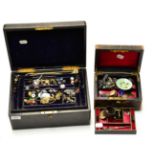 A group of costume jewellery in two leather jewellery boxes, one stamped Asprey & Son