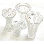 Three Waterford Crystal vases including the 'Maritana' vase together with a jug