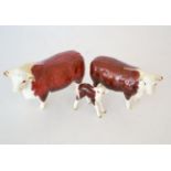 Beswick Cattle comprising: Hereford Bull, model No. 1363A, Hereford Cow, model No. 1360, Hereford