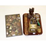 Enamel dial mantel clock with painted tin case, soapstone figures, malachite carved figure of a