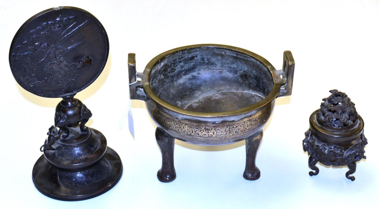 Small Chinese bronze censer and cover on tripod base, another of Fan Ding form and a Chinese