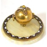 A blue and white enamel decorated circular brass inkwell, diameter of base 16cm Generally good