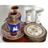 A pair of Samson vases and five Samson armorial plates, pair of Olympic Games theme vases,