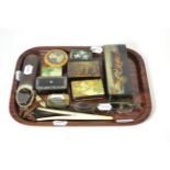 A tray including Russian lacquer box, snuff and vesta boxes, glove stretchers etc
