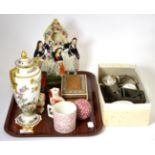 A tray of ceramics including Staffordshire watch stand, Spode etc and a quantity of dolls house