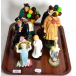 A group of Royal Doulton figures including The Balloon Man, The Old Balloon Seller, Shore LEave, The