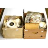 A quantity of household china, glass, brass, copper, etc (in two boxes)