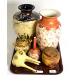 Large Kutani vase and bottle vase, Satsuma pottery, enamel censer on tripod feet (restored) etc