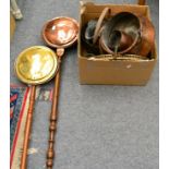 Four brass jam pans, a brass galleried tray, a Chinese brass pot, four Victorian copper measures,