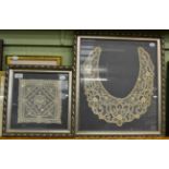 Lace collar and a lace square, both framed