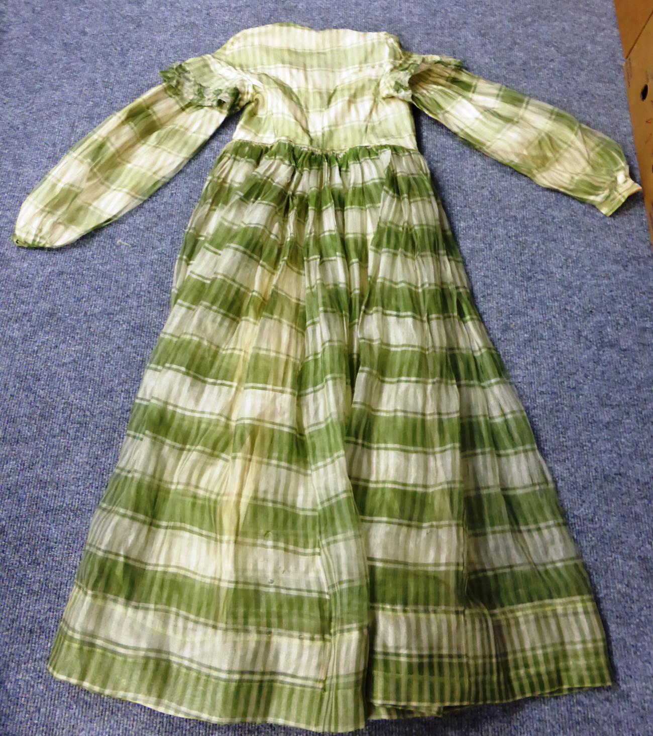 A 19th century green checked long dress with long sleeves (a.f.), printed cotton part bodice, - Image 2 of 13