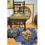 Childs Victorian ebonised chair with woolwork seat, circular footstool with bead top and a blue wool