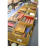 Assorted volumes including encyclopedia, works of Francis Bacon, various leather bound volumes,