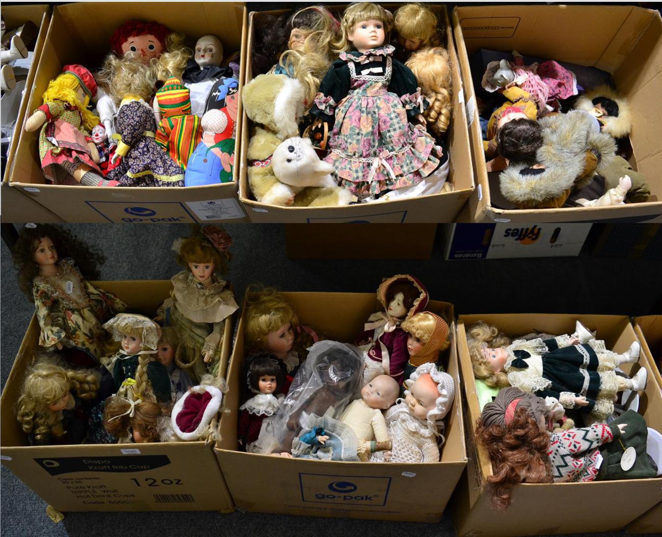 A large quantity of modern bisque head collectors dolls, other dolls, soft toys and collectables (