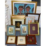 Pair of Indian watercolours, eastern pottery style picture, a print and oil, two framed gilt metal