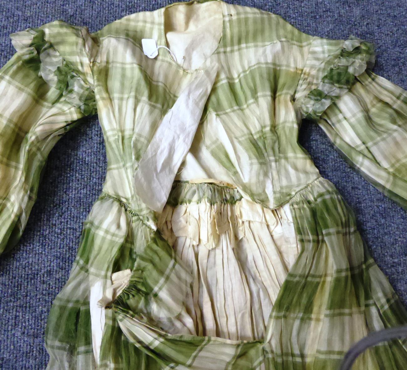 A 19th century green checked long dress with long sleeves (a.f.), printed cotton part bodice, - Image 5 of 13