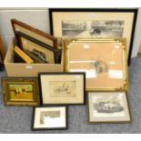 A collection of framed pictures and prints including coloured engravings, sporting subjects