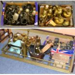 A group of 19th century brass and pewter including scales, copper coal helmet, bellows (two boxes)