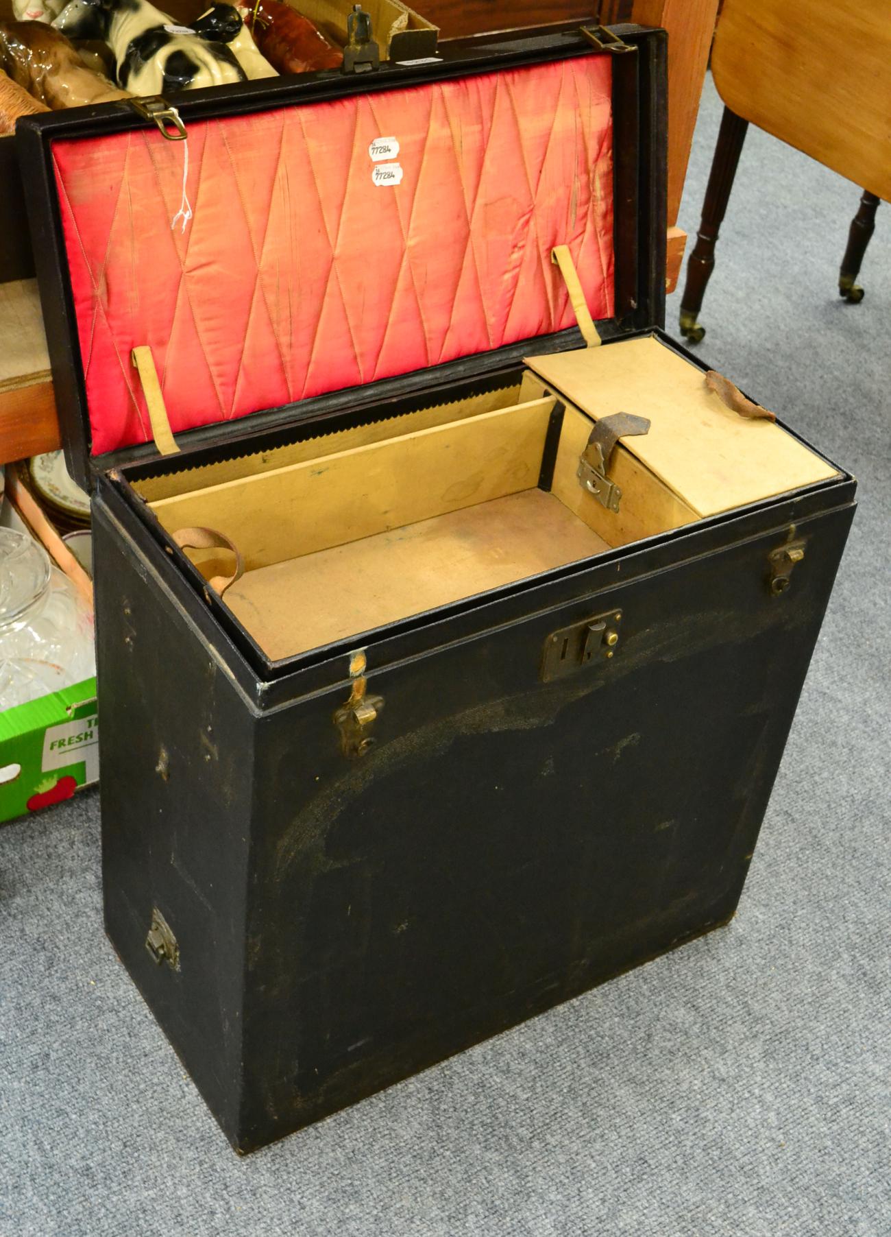 A large vintage car luggage trunk, by Brooks of Birmingham, of rectangular hinged form, the lid with