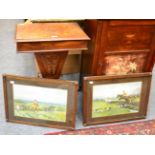 A Victorian walnut sewing table and two oak framed hunting prints