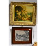 A gilt framed oil on canvas Continental scene with a horse, dogs and two ladies and an oak framed