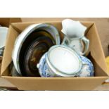 A Royal Coronation ware four piece wash set together with a pair of blue and white tureens, three