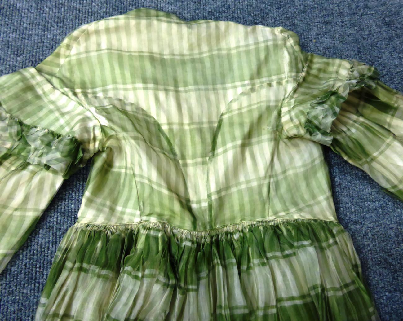 A 19th century green checked long dress with long sleeves (a.f.), printed cotton part bodice, - Image 3 of 13