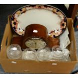 Assorted cut crystal dishes, ceramic place cards and menus, mantel clock and meat plate