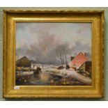 J Havener (20th/21st century) Dutch figures in a frozen landscape, signed, oil on board