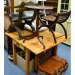 A walnut bureau, modern pine kitchen table, child's painted high chair, an X-framed stool, similar