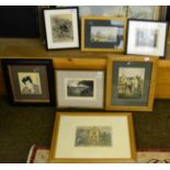 Seven small framed pictures comprising an etching of goats by Frans Pieter ter Meulen, watercolour