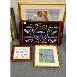 A framed print of a mother and child, a modern bead work picture, a woolwork picture together with a